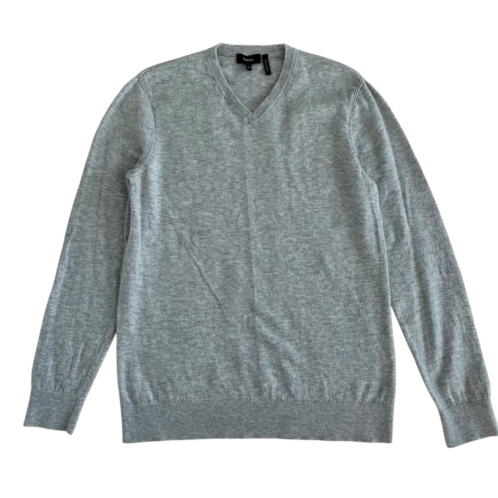 Theory Men's Gray V Neck Merino Wool Blend Sweater SZ M Preppy Classic Office